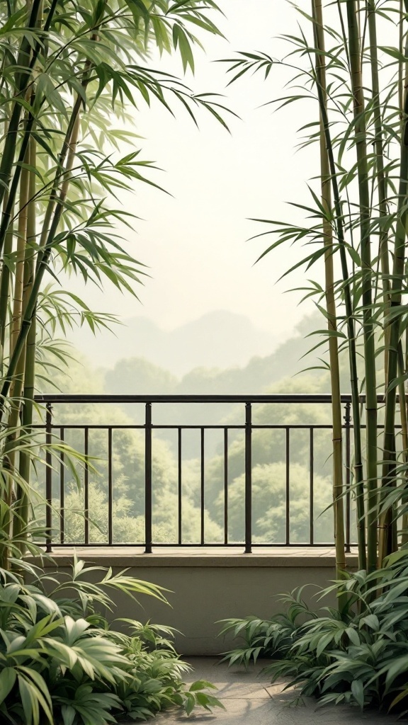 A serene balcony with bamboo plants and a railing overlooking a misty landscape.