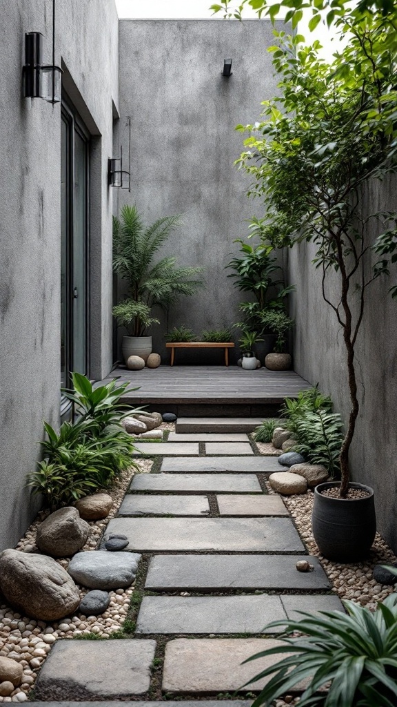 A minimalist zen balcony with stones, plants, and a wooden bench.