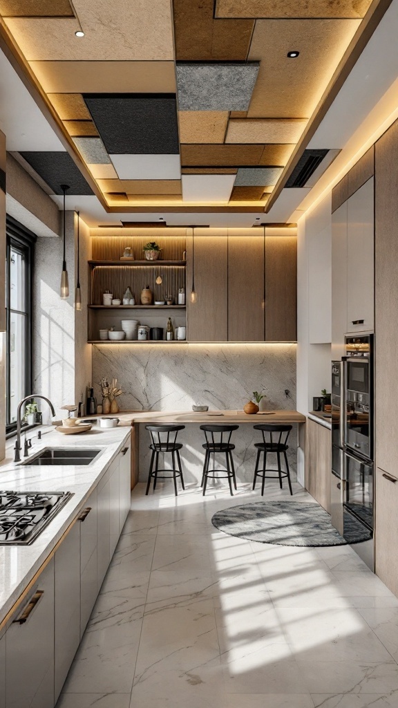 A modern kitchen showcasing a mixed materials ceiling design with wood and stone textures.