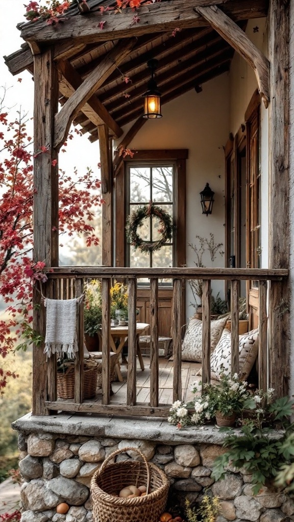 A cozy modern farmhouse balcony with wooden features and stone accents, surrounded by greenery.