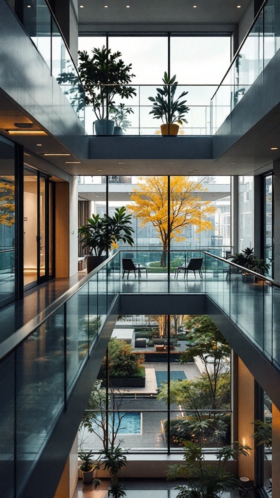 A modern balcony atrium with glass railings, plants, and a view of a tree.