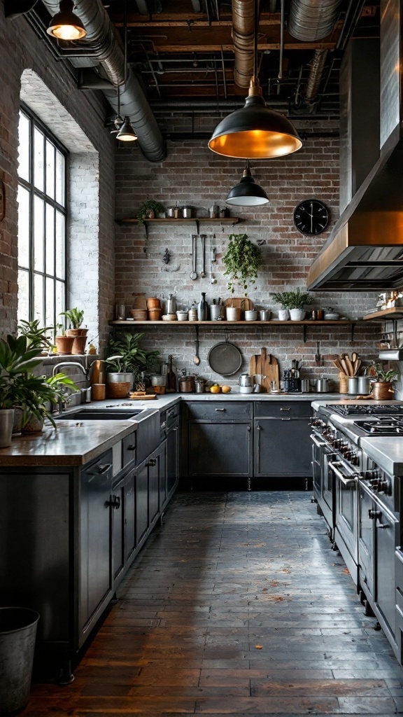 A modern industrial galley kitchen featuring metal cabinetry, open shelving with plants, and large windows.