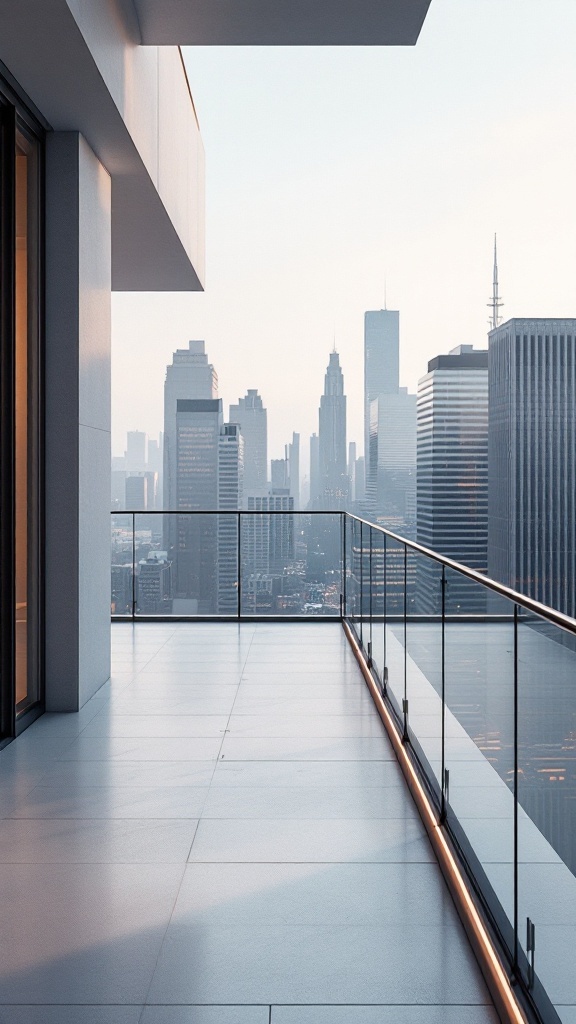 A modern minimalist balcony with a city skyline view.