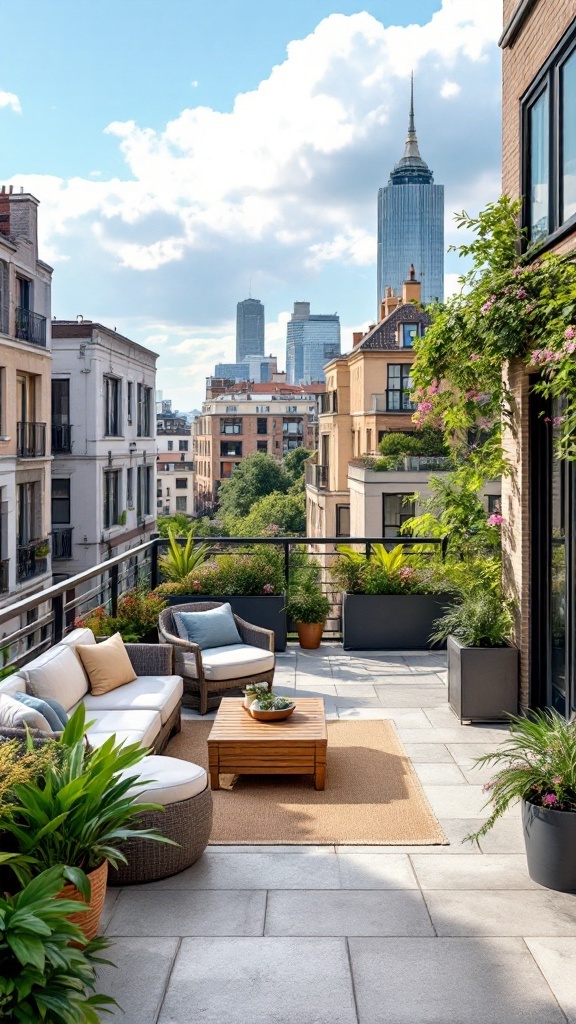 A beautifully designed stacked balcony with seating and plants, overlooking a city skyline.