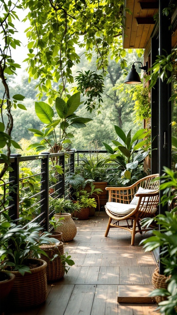 A cozy balcony filled with lush plants and a comfortable chair, creating a nature-inspired retreat.