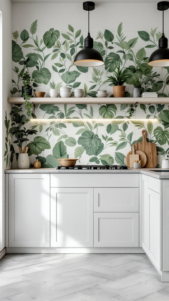 Kitchen featuring nature-inspired green dado tiles with leafy patterns.