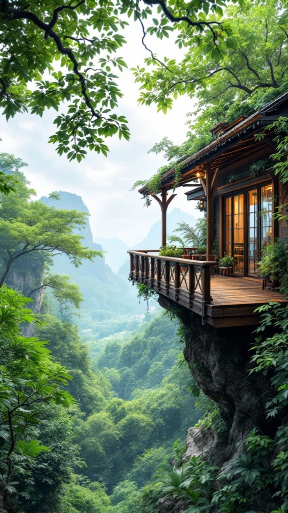 A wooden cantilevered deck surrounded by lush green trees and mountains, showcasing a serene nature-inspired design.