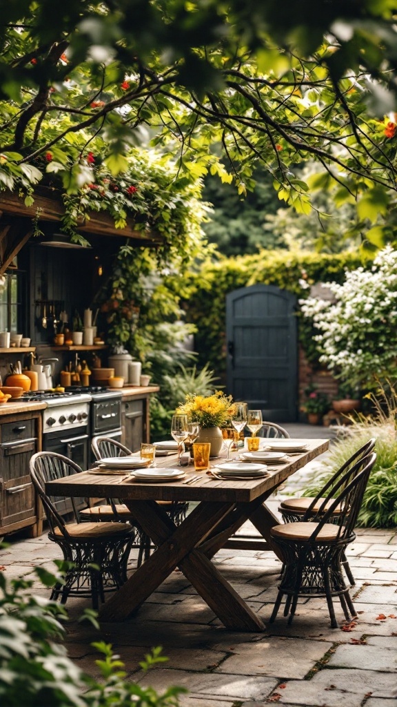 A rustic outdoor dining area with a wooden table, chairs, and a cozy kitchen setup surrounded by greenery.