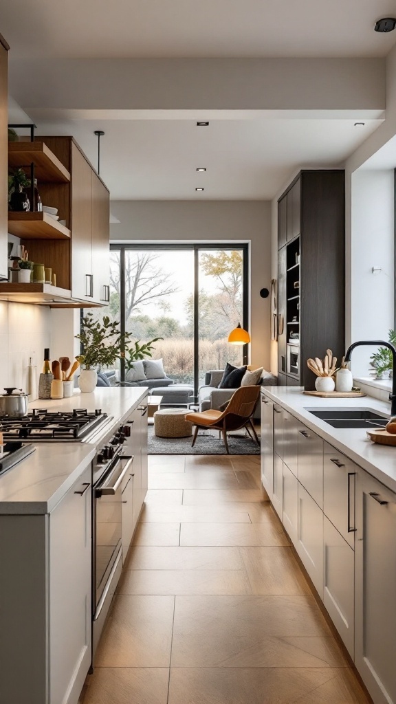 A stylish open concept galley kitchen featuring modern appliances and natural light.