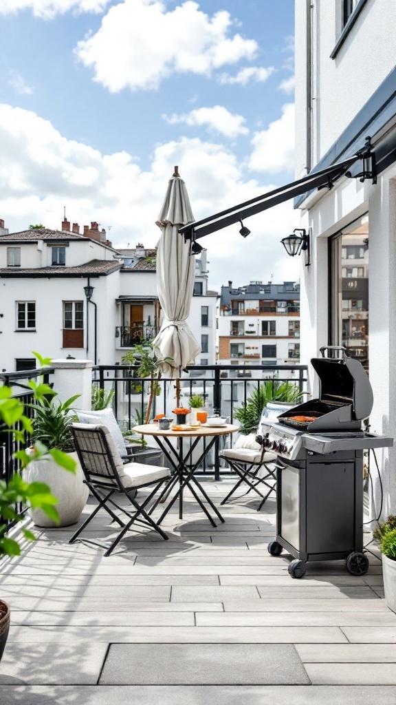 A modern balcony setup with a grill, table, and chairs, surrounded by plants and a sunny sky.