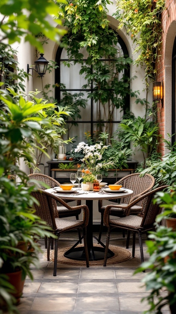 Cozy outdoor dining area with a round table, chairs, and plants.