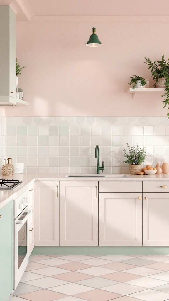 A kitchen featuring pastel colored dado tiles in mint green and soft pink.