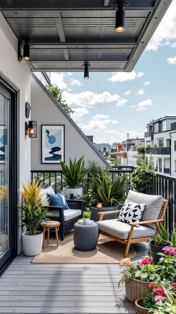 A stylish balcony with modern seating, plants, and decorative elements.