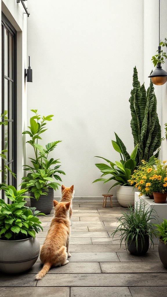 A pet-friendly balcony atrium with plants and a small seating area.