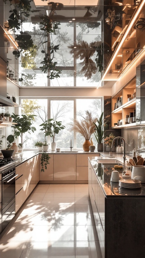 A modern kitchen with a reflective ceiling that enhances the light and space.