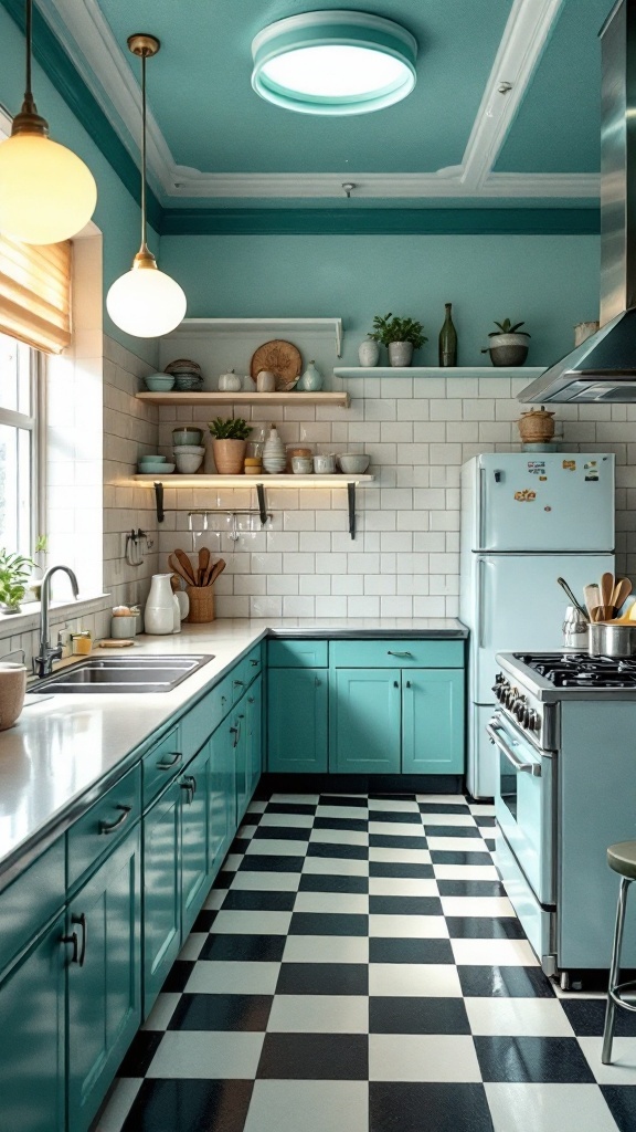 Kitchen featuring retro checkerboard dado tiles in black and white with teal cabinetry.