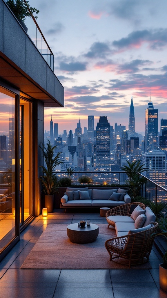 A rooftop balcony with modern furniture and a city skyline view during sunset.