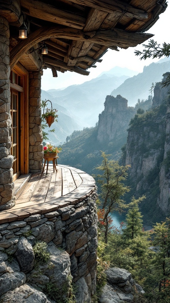 A rustic cantilevered balcony with stone elements overlooking mountains