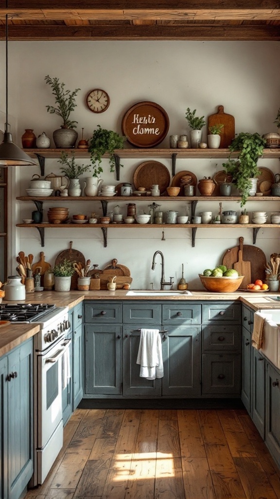 A rustic farmhouse galley kitchen with open shelves displaying dishes and plants.