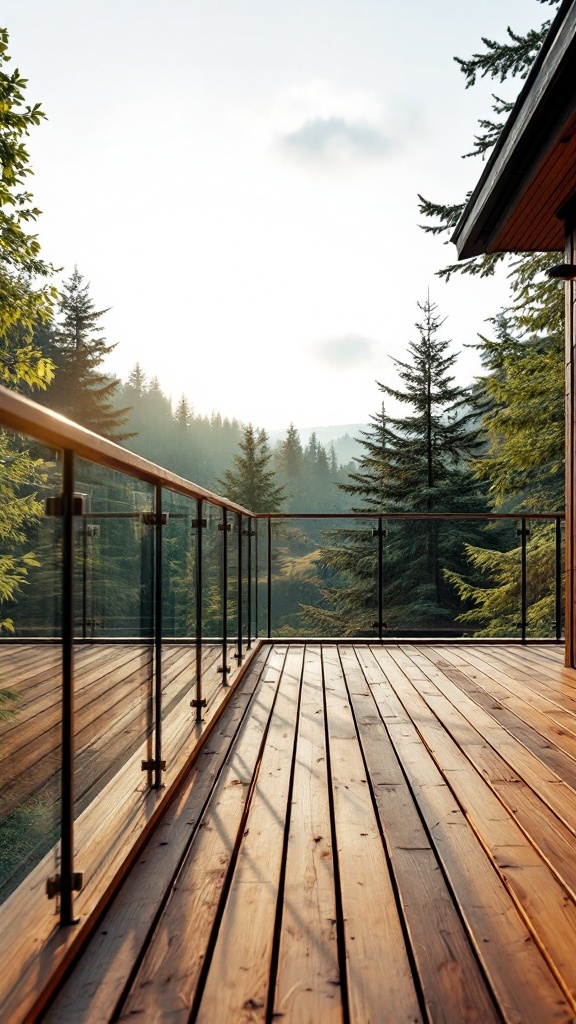 A rustic glass balcony overlooking a forest landscape.