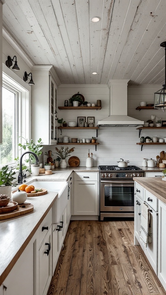 A kitchen featuring a rustic shiplap ceiling with whitewashed wood, wooden countertops, and natural light coming from windows.