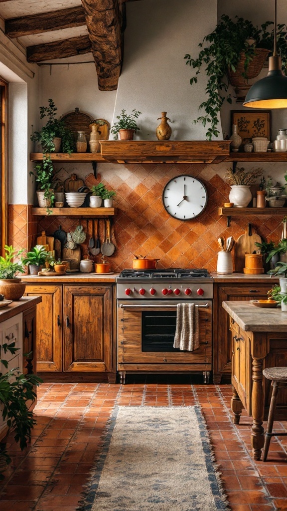 Rustic kitchen with terracotta dado tiles, wooden cabinets, and plants