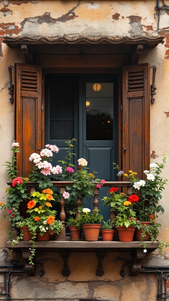 A charming balcony with rustic wooden accents and vibrant flowers in pots.