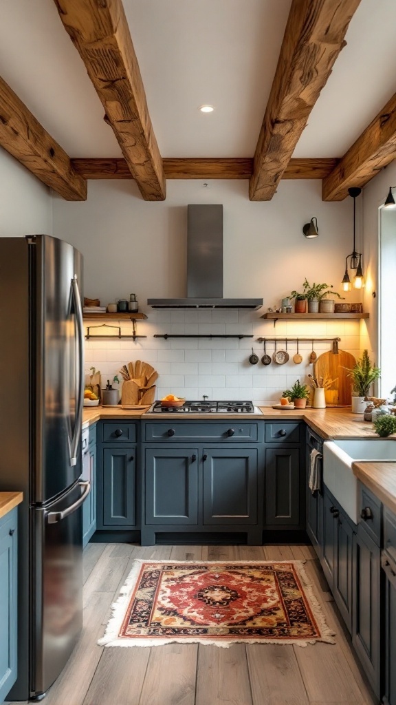 Kitchen featuring rustic wooden beams on the ceiling with modern decor.