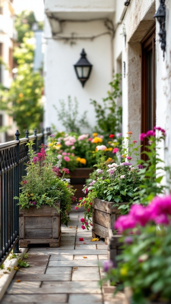 Colorful flowers in rustic wooden planters on a balcony.