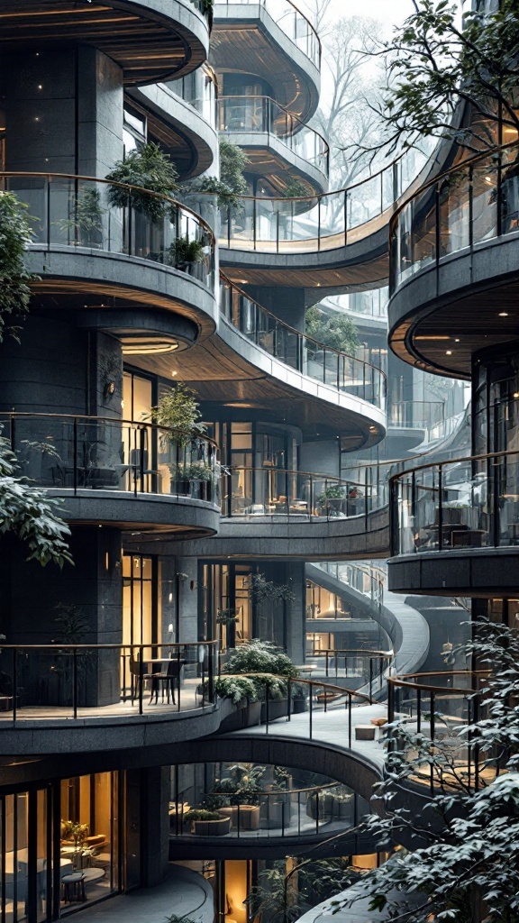 A view of stacked balconies showcasing innovative architectural design.