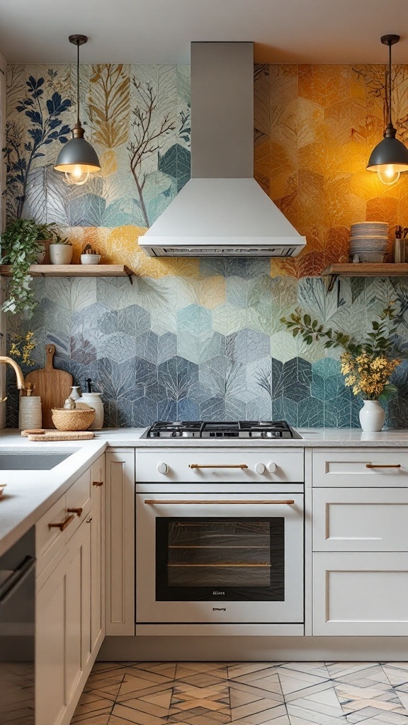A kitchen featuring seasonal color changing dado tiles with leaf patterns in various colors.