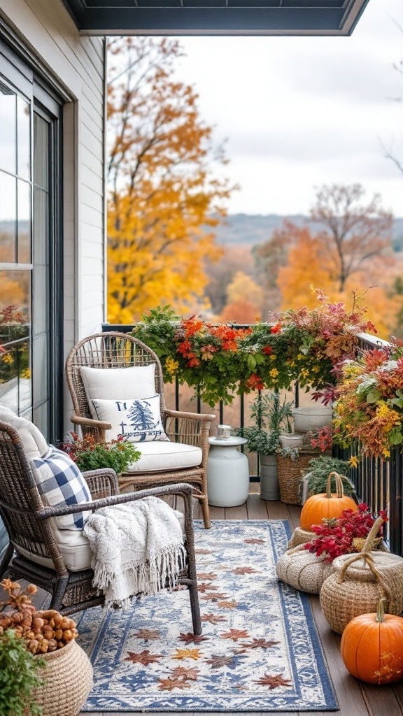 Cozy balcony decorated with autumn leaves, pumpkins, and comfortable seating.