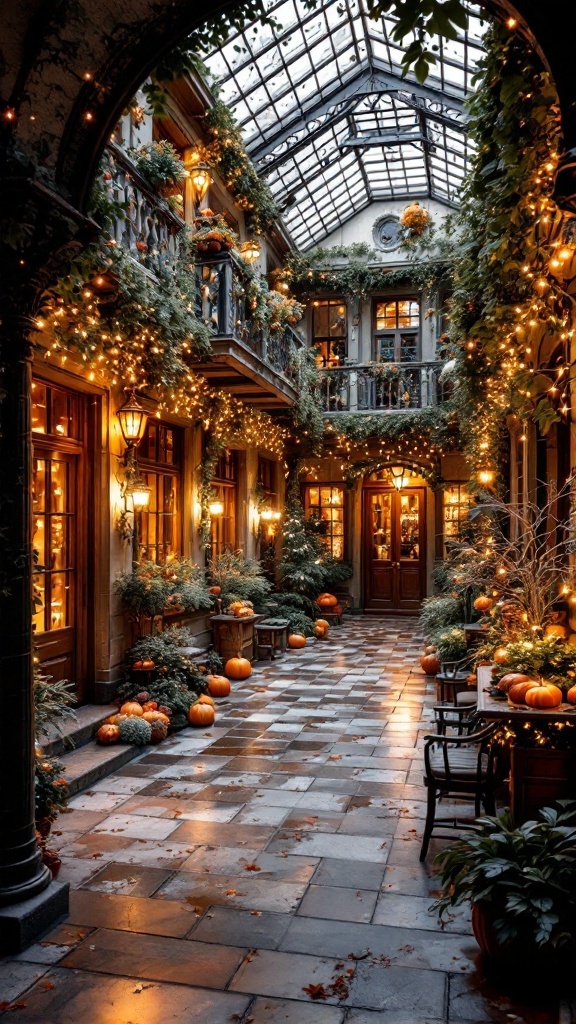 A beautifully decorated balcony atrium with autumn decor, featuring pumpkins and fairy lights.