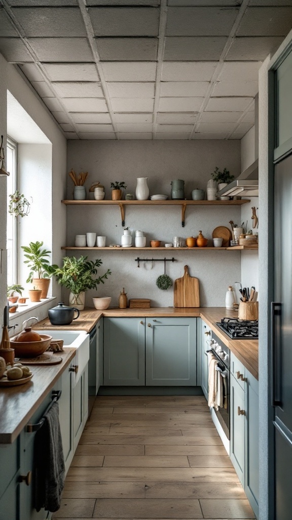 A stylish kitchen with a soundproof false ceiling and a modern design.