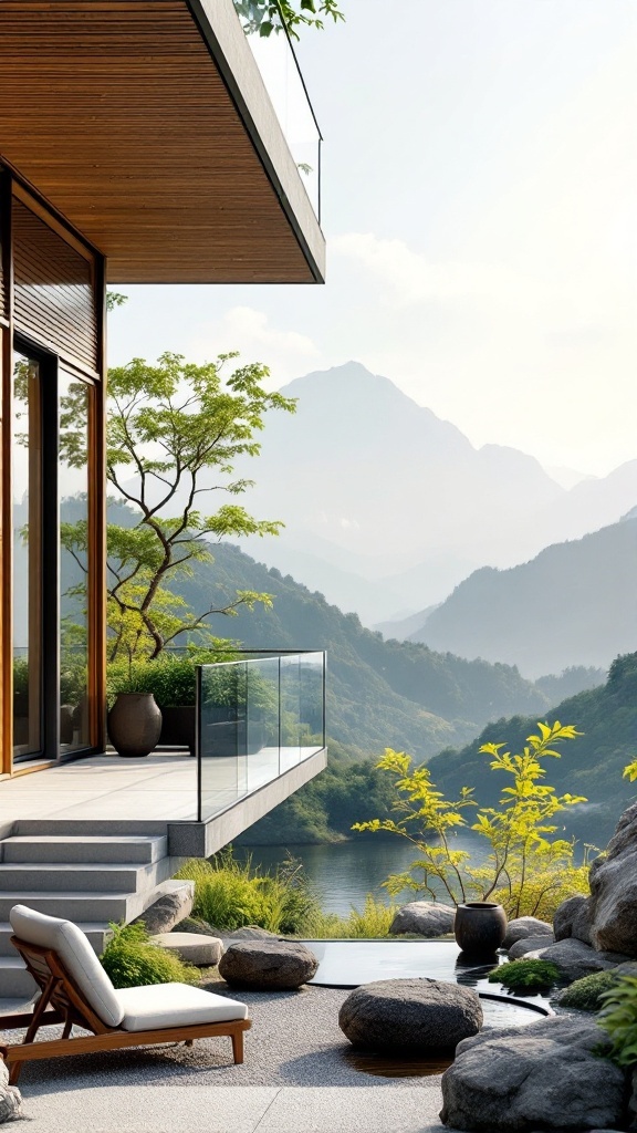 A serene balcony overlooking mountains, featuring a water feature, plants, and comfortable seating.