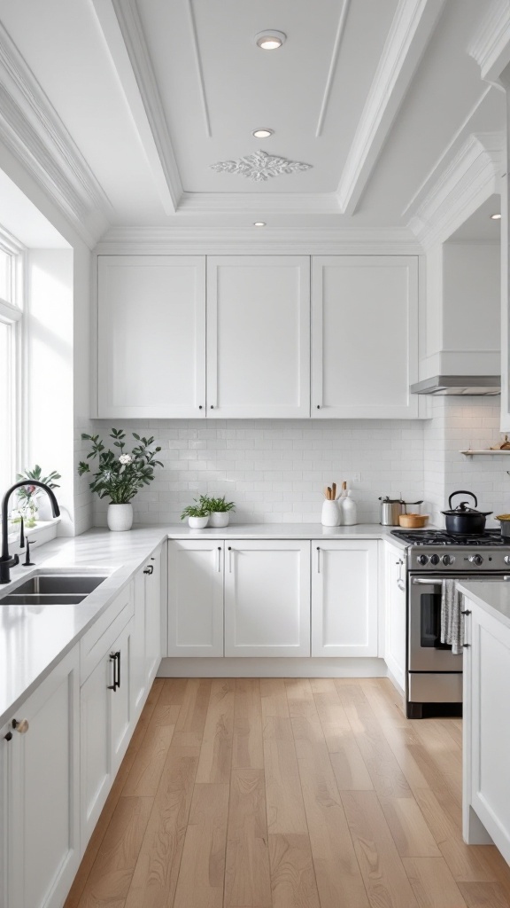 A bright kitchen featuring simple white ceiling panels with recessed lighting.