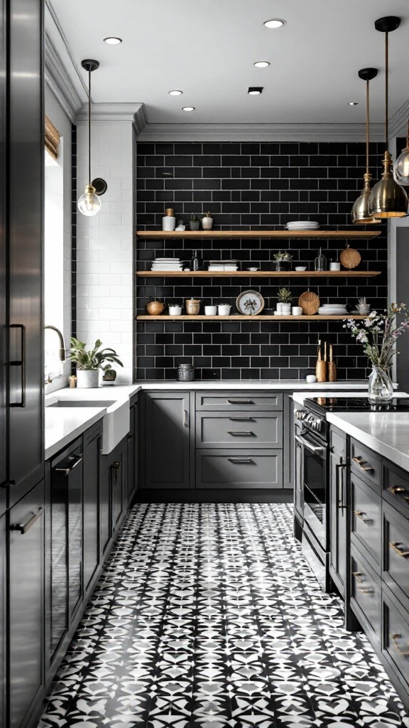 A modern kitchen featuring sleek black and white dado tiles with wooden shelves and elegant lighting.