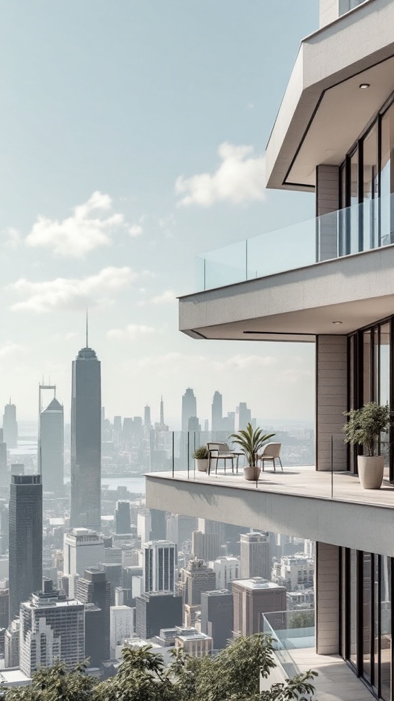 A sleek minimalist balcony overlooking a city skyline with glass railings and plants.