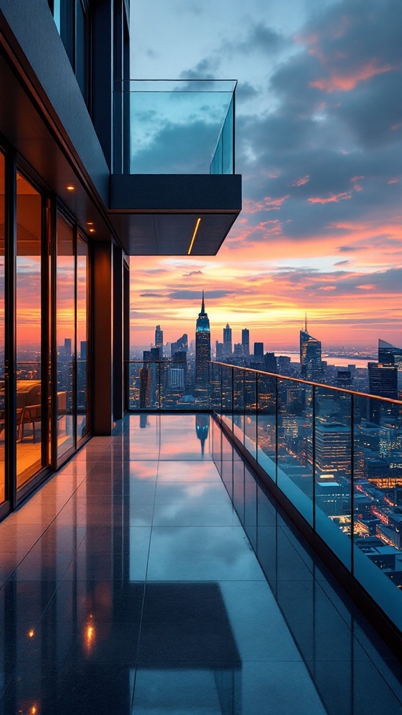 A modern balcony with a glass railing overlooking a city skyline during sunset.