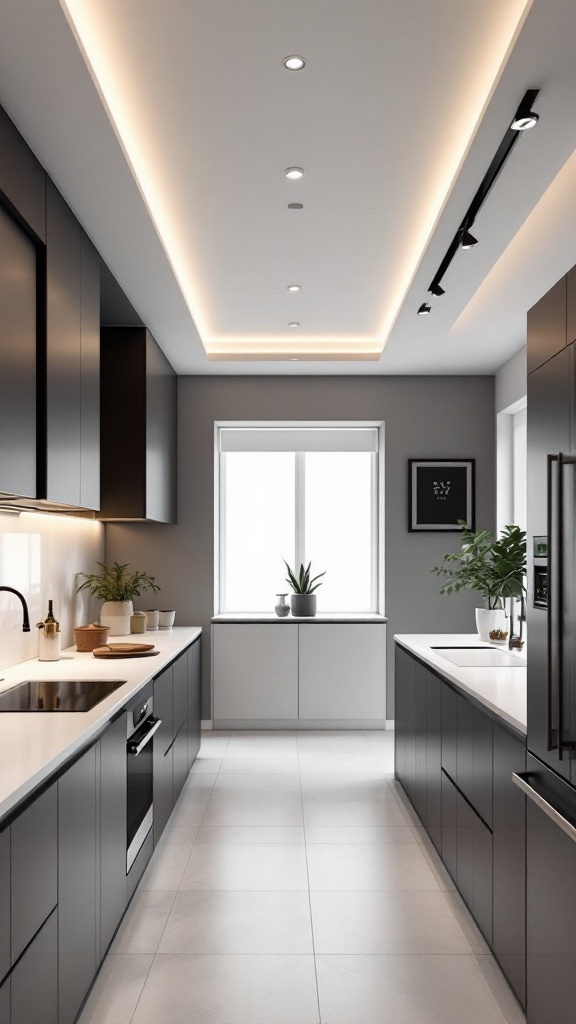 A modern kitchen featuring sleek cabinets, recessed lighting, and a minimalist design.