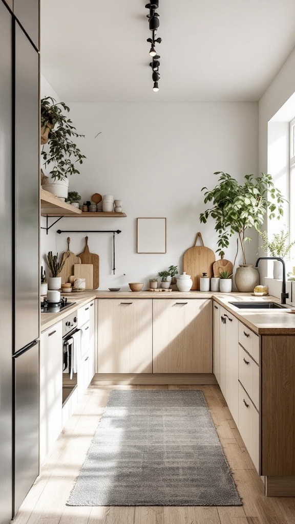 A sleek Scandinavian galley kitchen with light wood cabinets, natural elements, and an inviting atmosphere.