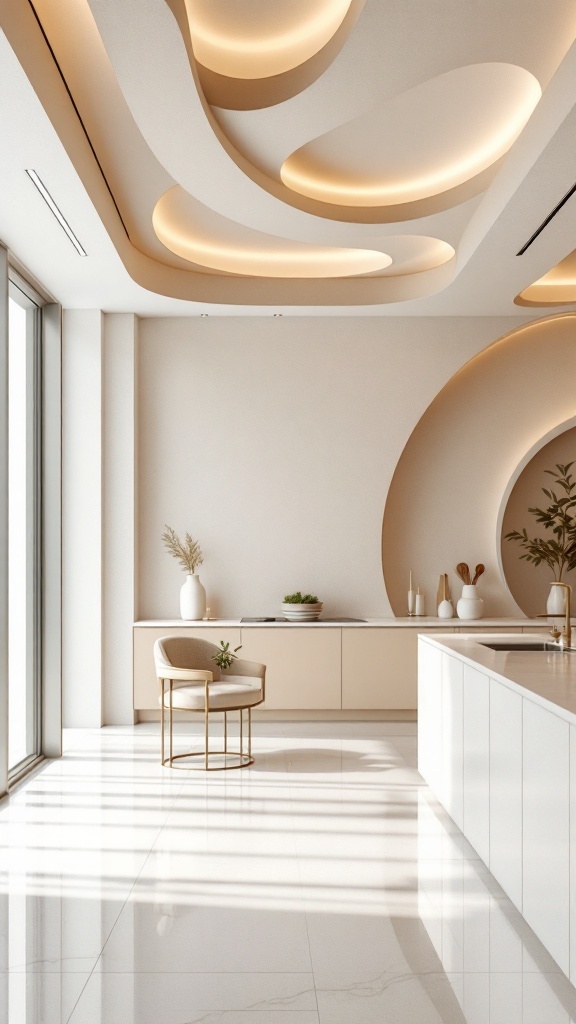 A modern kitchen with a soft curved ceiling design, featuring warm lighting and a stylish decor.