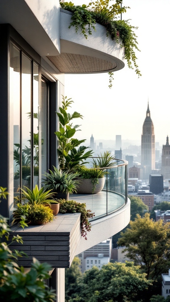 A modern cantilevered balcony with built-in planters surrounded by lush greenery and a city skyline in the background.