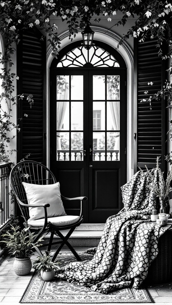 A stylish black and white balcony with a chair, blanket, and plants.