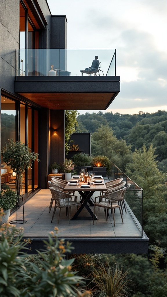 A stylish cantilevered balcony with a dining table set for entertaining, surrounded by greenery.