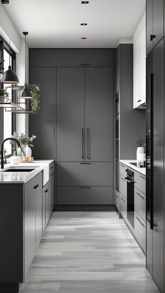 A modern galley kitchen featuring sophisticated grey cabinetry and fixtures.