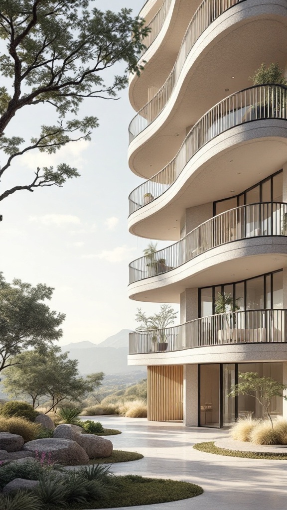 An image showing a modern building with stacked balconies surrounded by greenery.