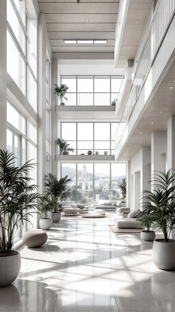 A spacious interior with large windows, showcasing stacked balconies and indoor plants.