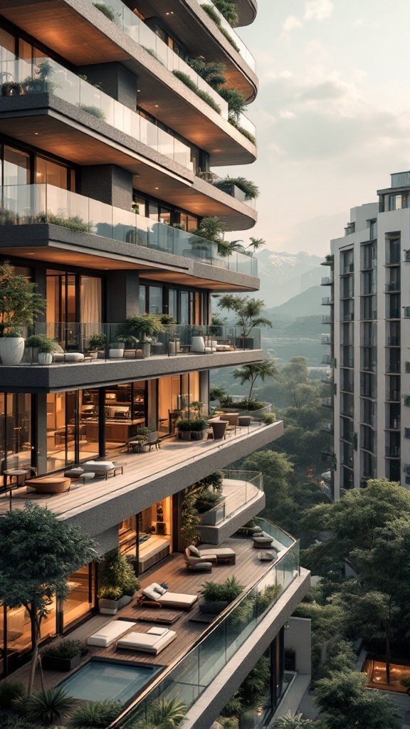 A modern building with stacked balconies featuring outdoor furniture and greenery.