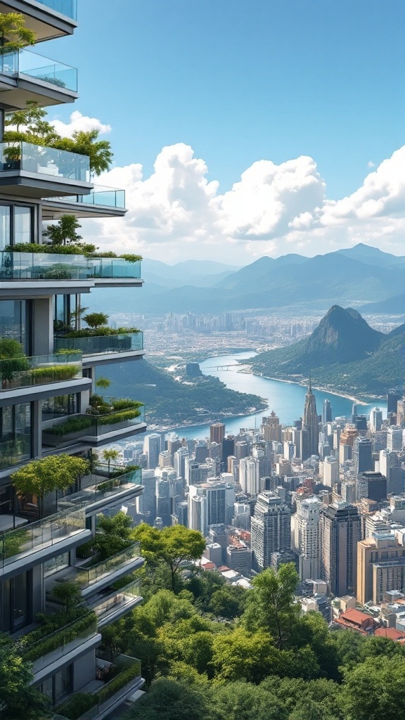 A view of stacked balconies overlooking a city with mountains and a river.